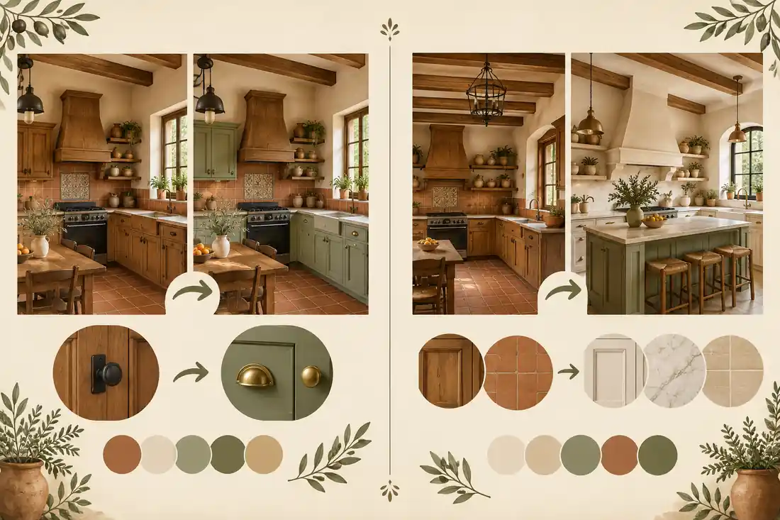 Comparación visual de cambios de color económicos y costosos en cocina rústica