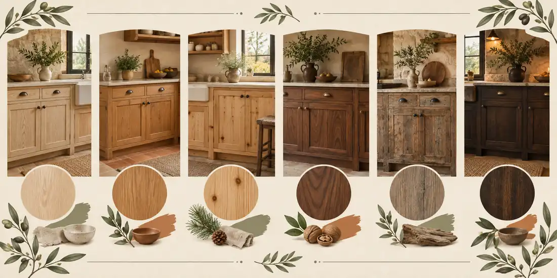 Tonos de madera natural para cocina rústica, de pino claro a nogal oscuro