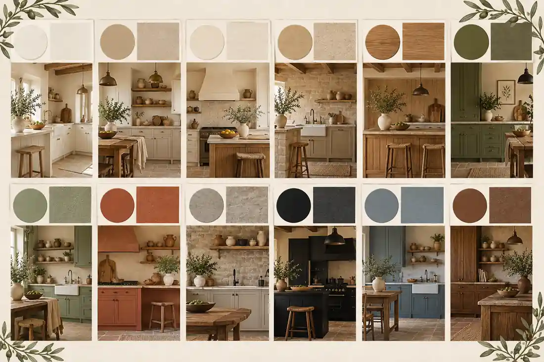 Paleta de mejores colores para cocinas rústicas: blanco cálido, beige, verde oliva, terracota y gris piedra