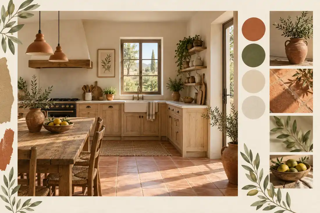 Cocina rústica con acentos terracota y paredes crema