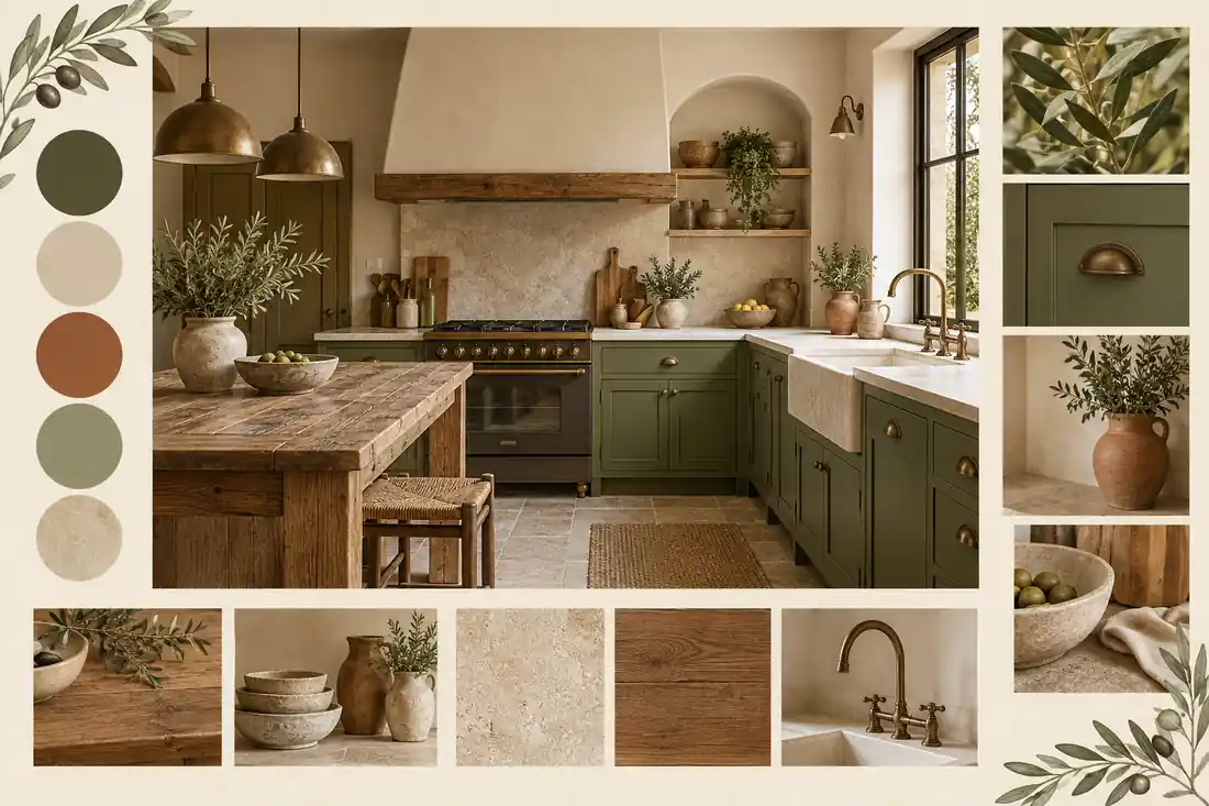 Cocina rústica con muebles verde oliva y madera cálida