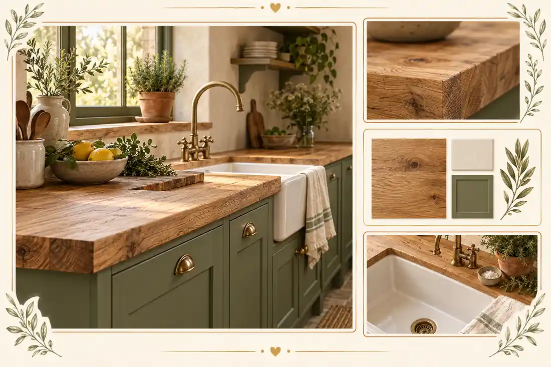 Encimera de madera natural en cocina rústica