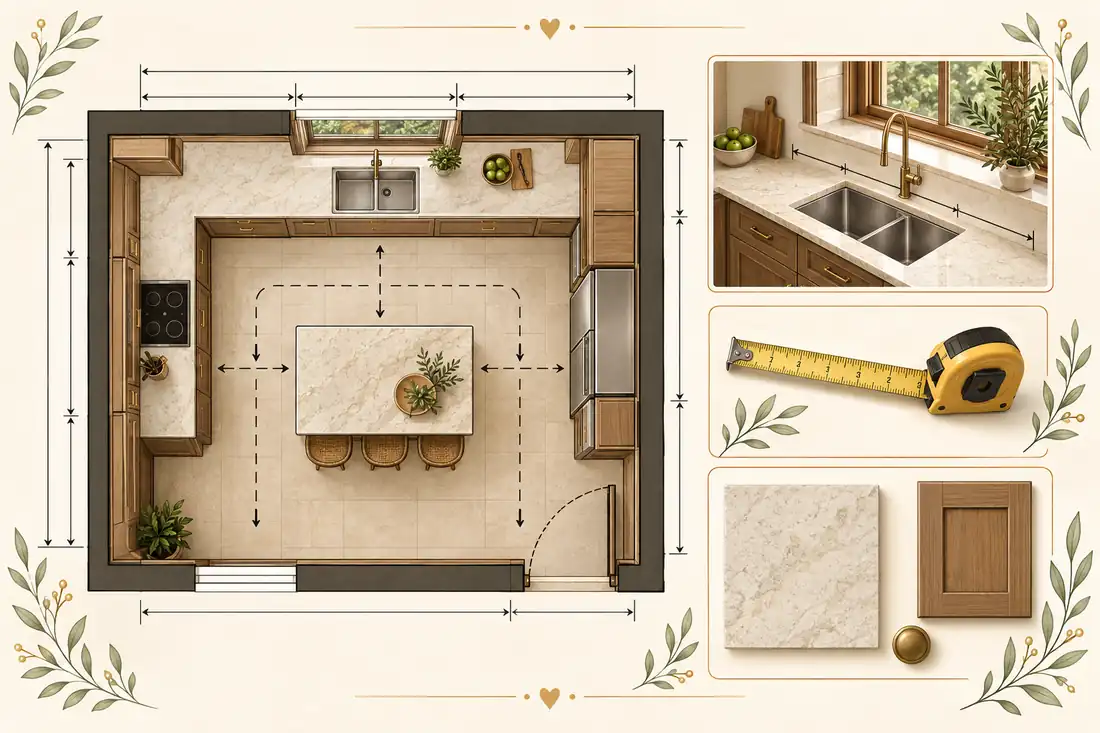 Plano previo de cocina rústica para medir encimera, isla y circulaciones