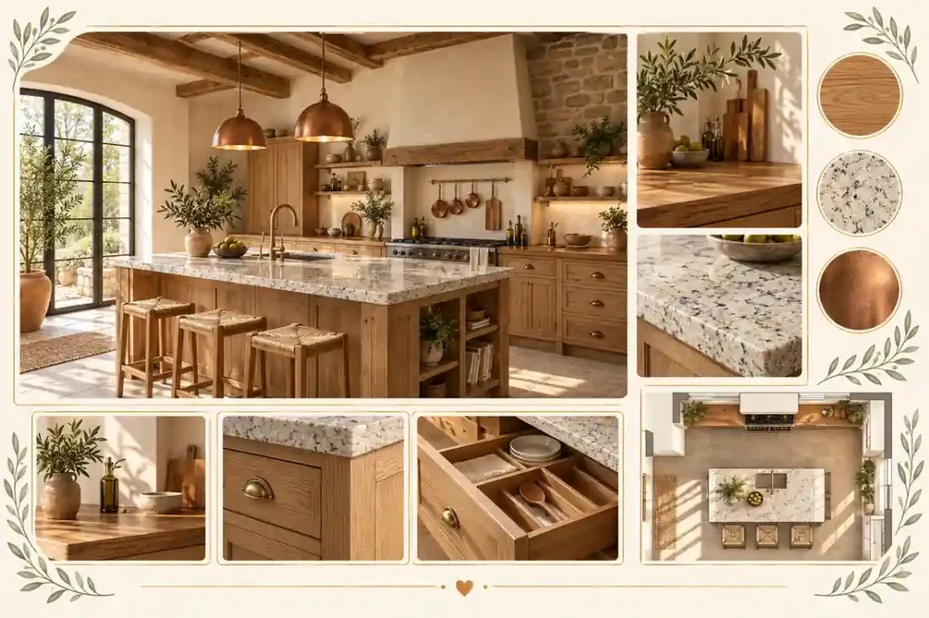 Cocina rústica con encimeras de madera y granito