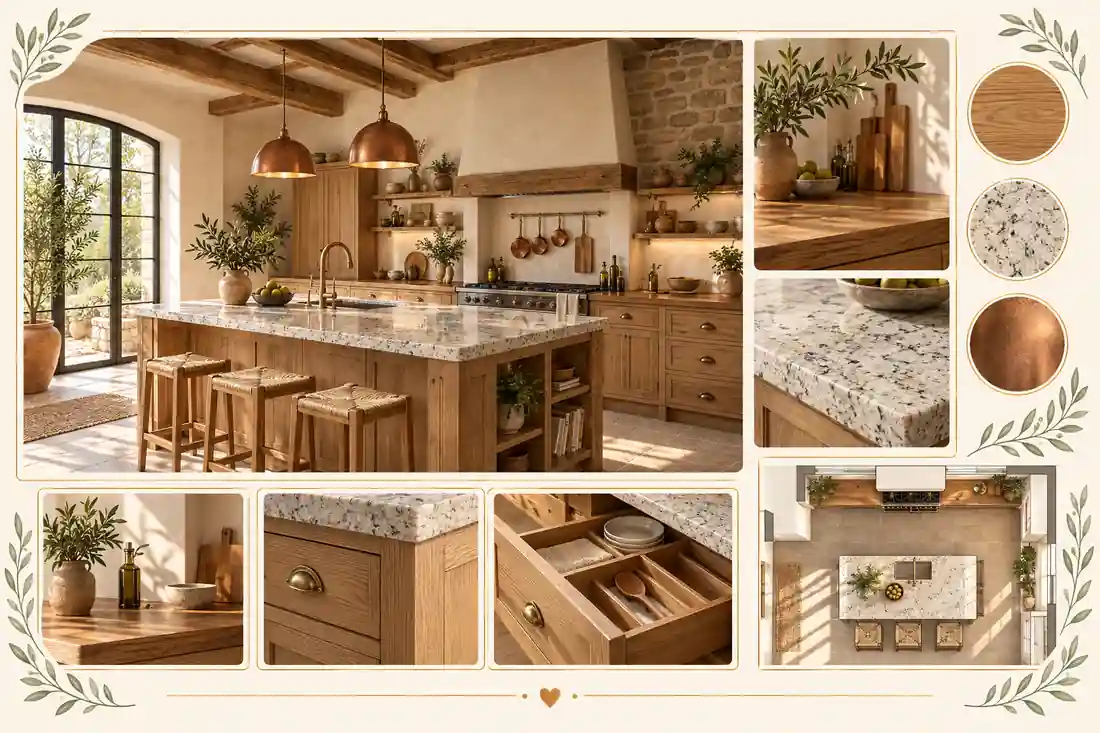 Cocina rústica con encimeras de madera y granito
