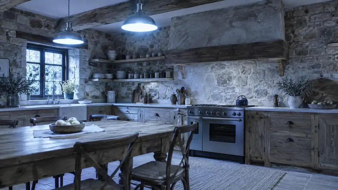 Cocina rústica con iluminación demasiado fría