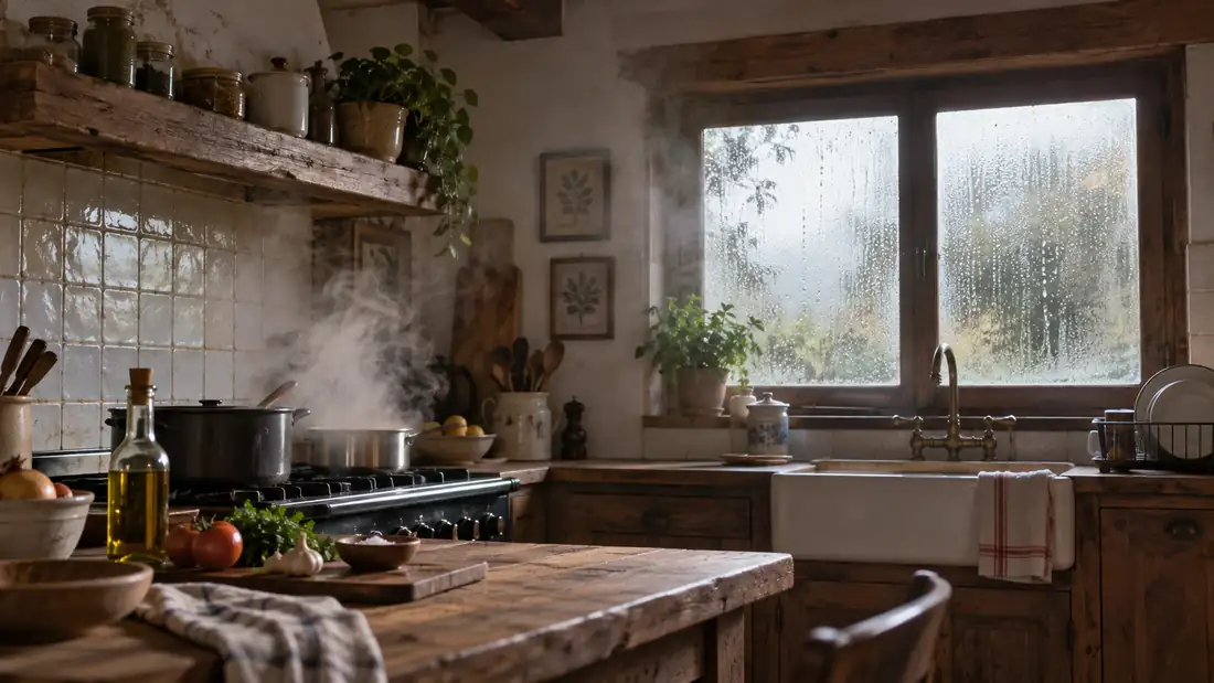 Cocina rústica con mala ventilación y condensación