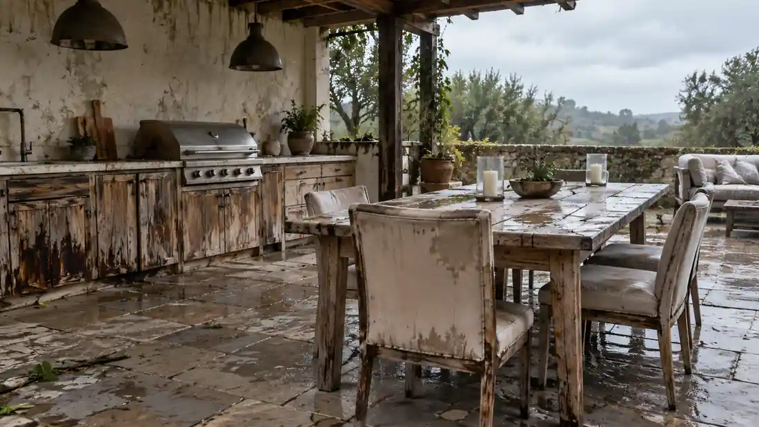 Cocina exterior con materiales no adaptados al clima