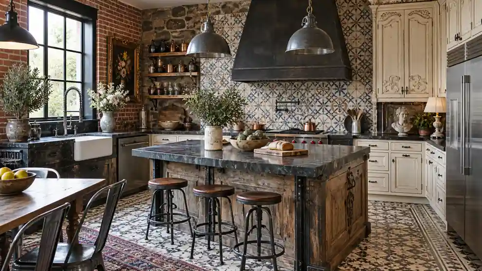 Cocina rústica con demasiados estilos y materiales mezclados