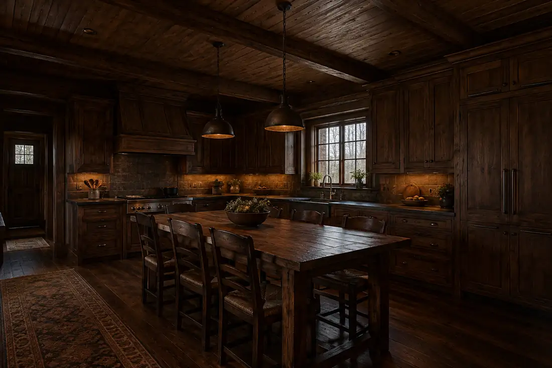Cocina rústica oscura por exceso de madera en muebles, techo y piso