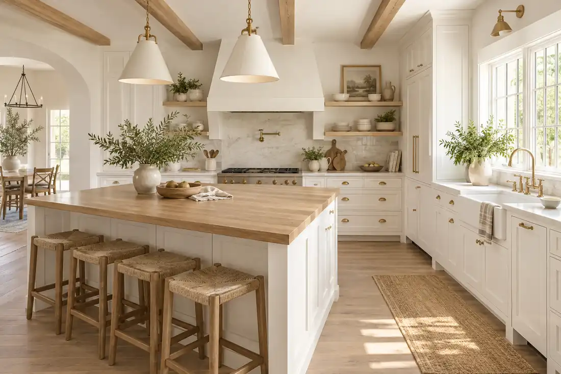 Cocina farmhouse blanca con madera natural y luz cálida