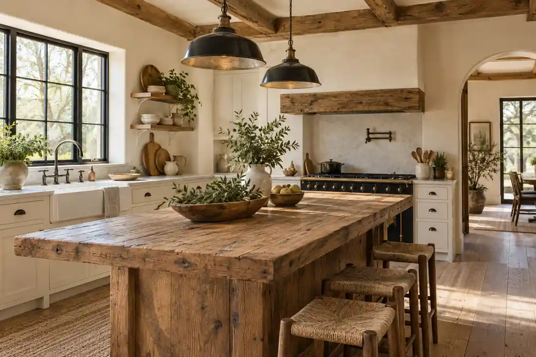 Cocina farmhouse con madera natural equilibrada con tonos claros