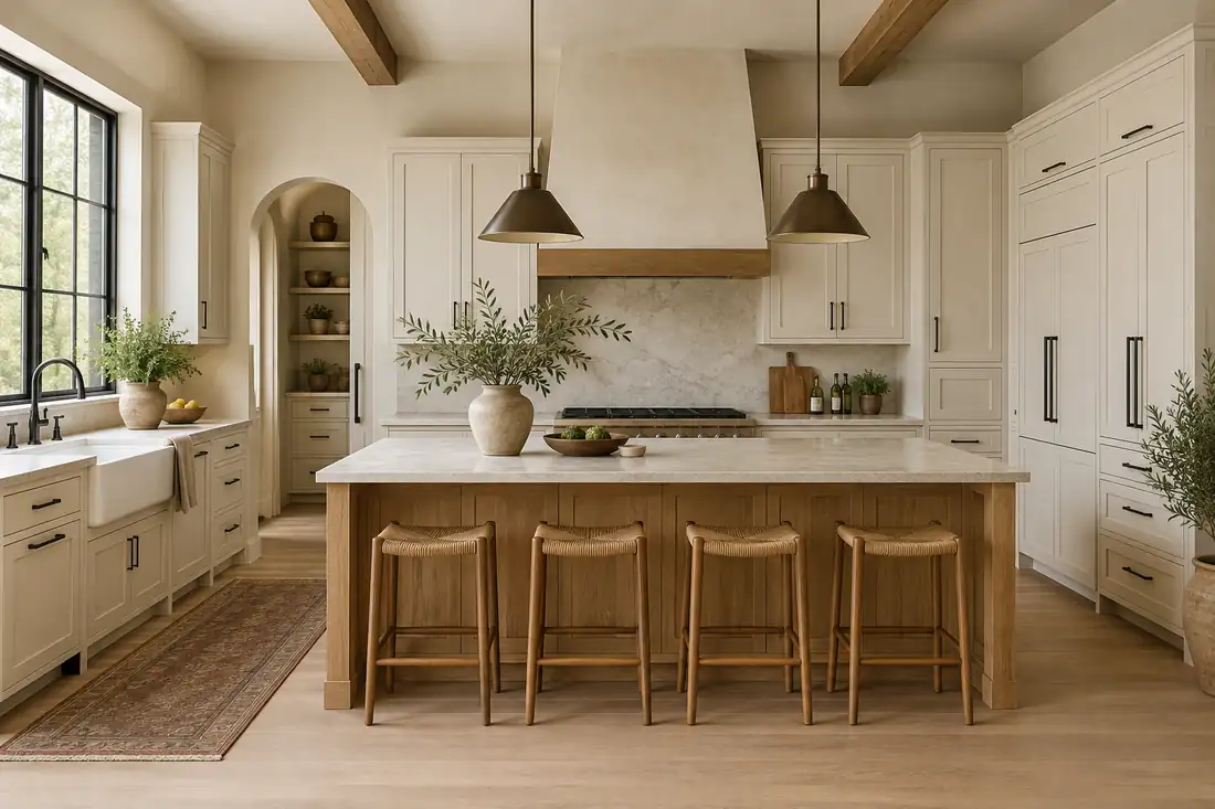 Cocina farmhouse moderna con líneas limpias y materiales naturales