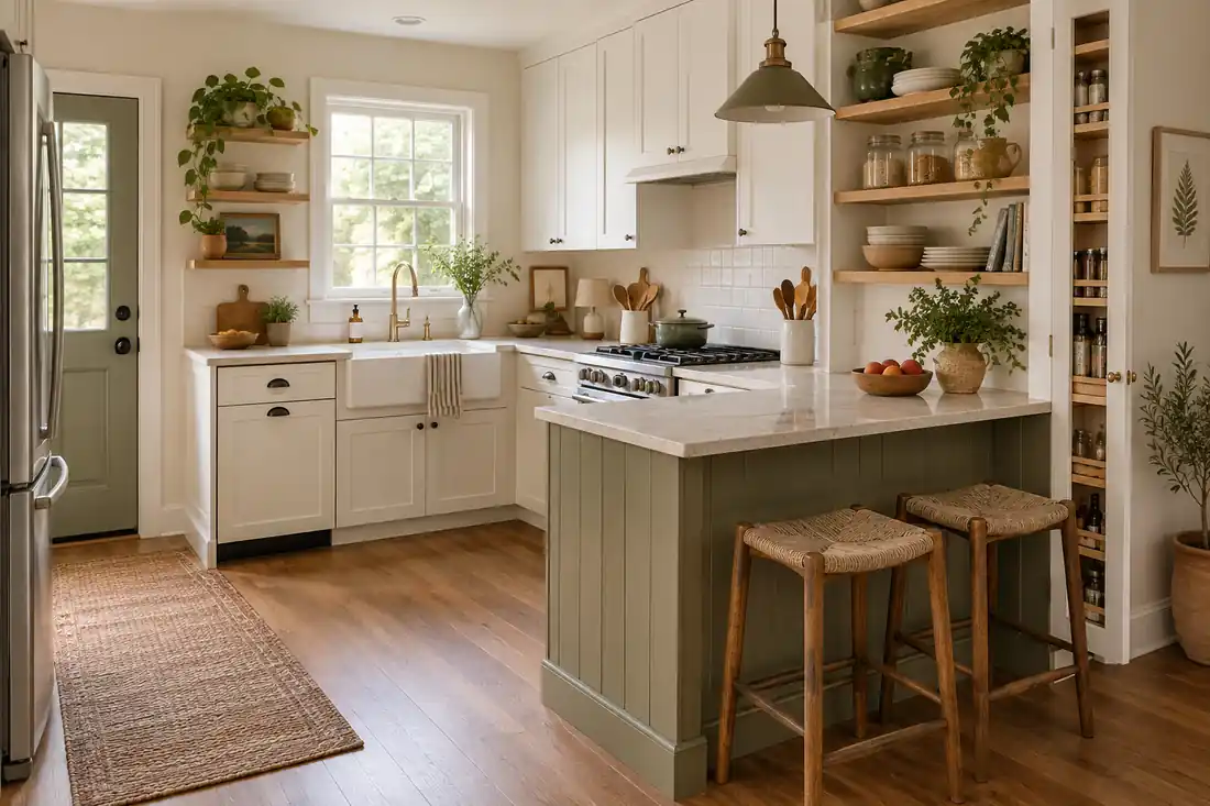 Cocina farmhouse pequeña con distribución funcional