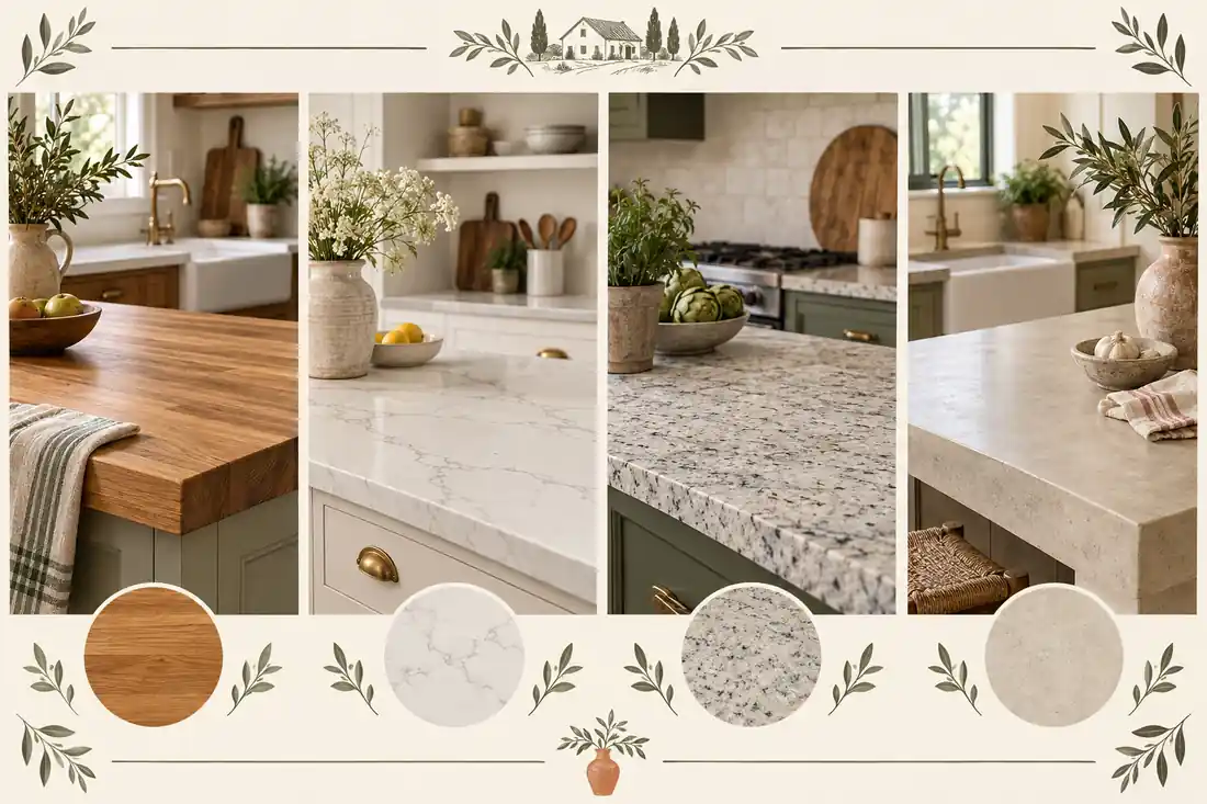 Comparación visual de encimeras para cocinas farmhouse