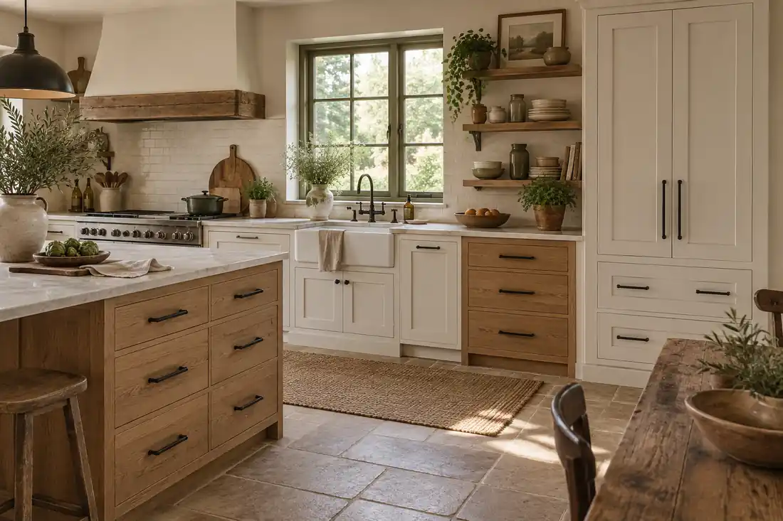 Muebles blancos y de madera para una cocina farmhouse