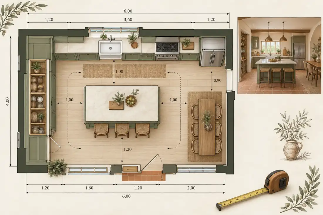 Plano de cocina farmhouse con medidas orientativas y circulación