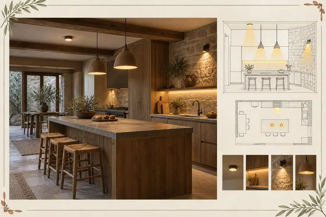 Cocina rústica con luz general, de tarea, ambiental y decorativa
