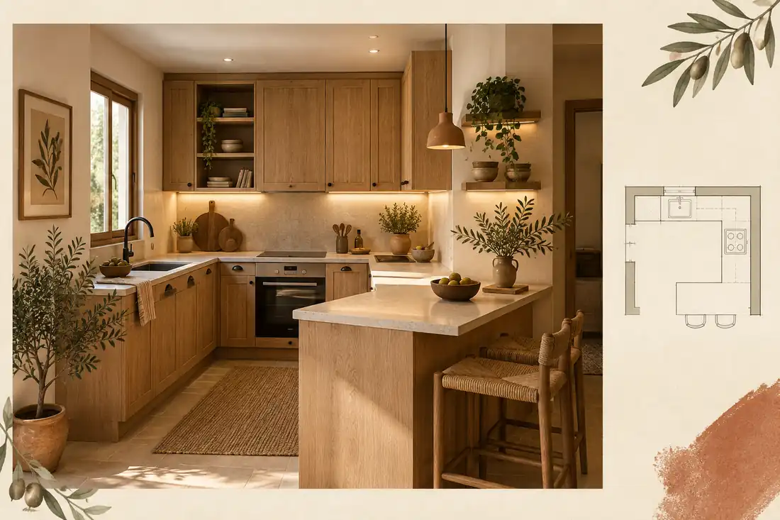 Cocina rústica pequeña con iluminación general y bajo muebles
