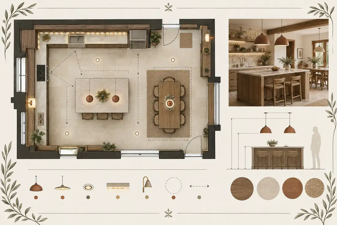 Plano de cocina rústica con ubicación de lámparas sobre isla, comedor, gabinetes y apliques