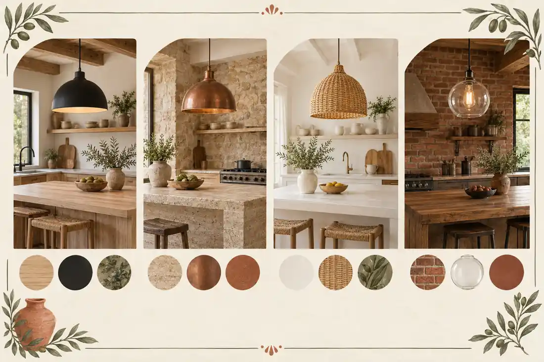 Colores de lámparas para cocinas rústicas: negro mate, cobre, mimbre y vidrio