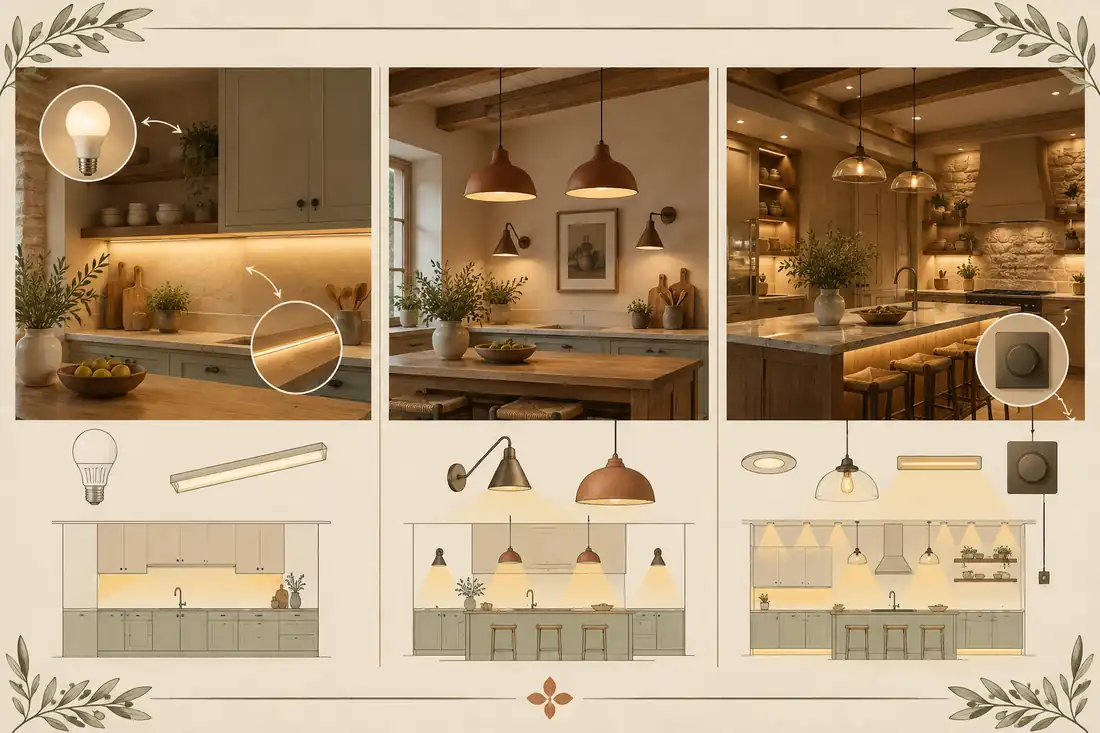 Comparación visual de soluciones de iluminación rústica de bajo, medio y alto costo