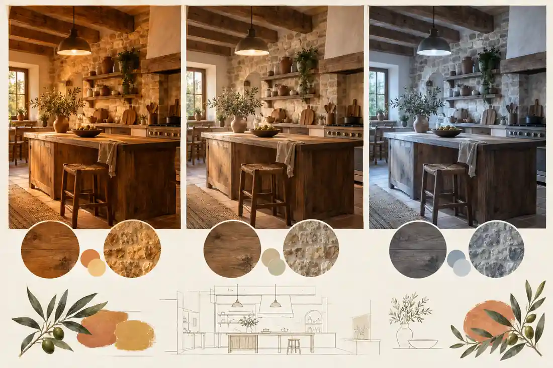 Comparación visual de iluminación cálida, neutra y fría en cocina rústica