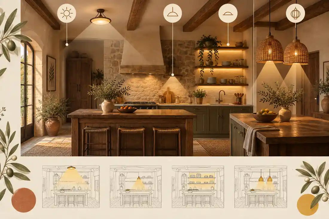 Tipos de iluminación para cocina rústica: general, de tarea, ambiental y decorativa