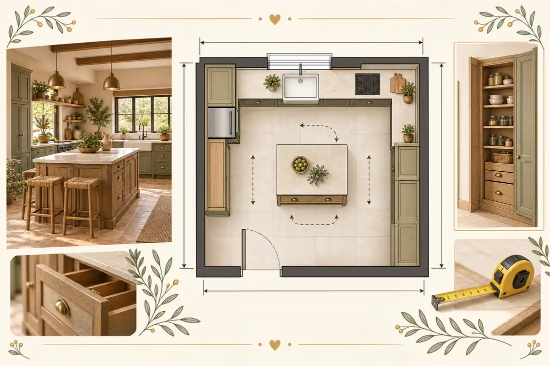 Plano previo de cocina rústica con muebles e isla