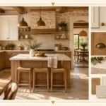 Muebles para cocinas rústicas: vista de conjunto de gabinete, isla y repisas