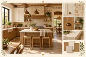 Muebles para cocinas rústicas: vista de conjunto de gabinete, isla y repisas