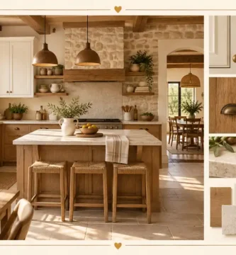 Muebles para cocinas rústicas: vista de conjunto de gabinete, isla y repisas
