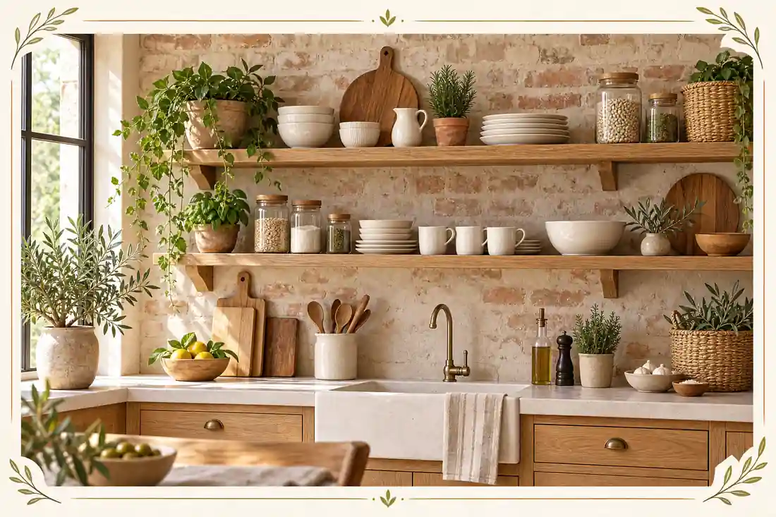 Repisas abiertas de madera en cocina rústica