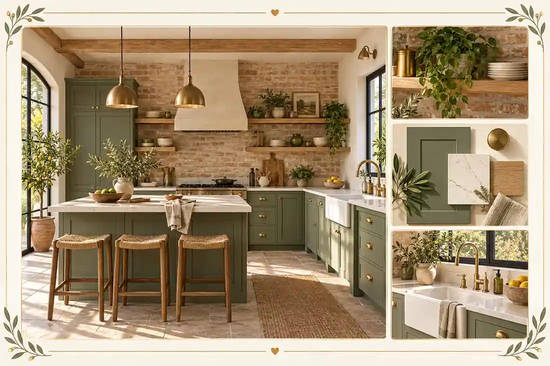 Muebles verde oliva para cocina rústica