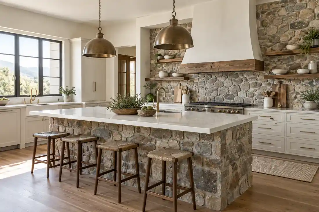 Piedra utilizada como acento equilibrado en una cocina rústica