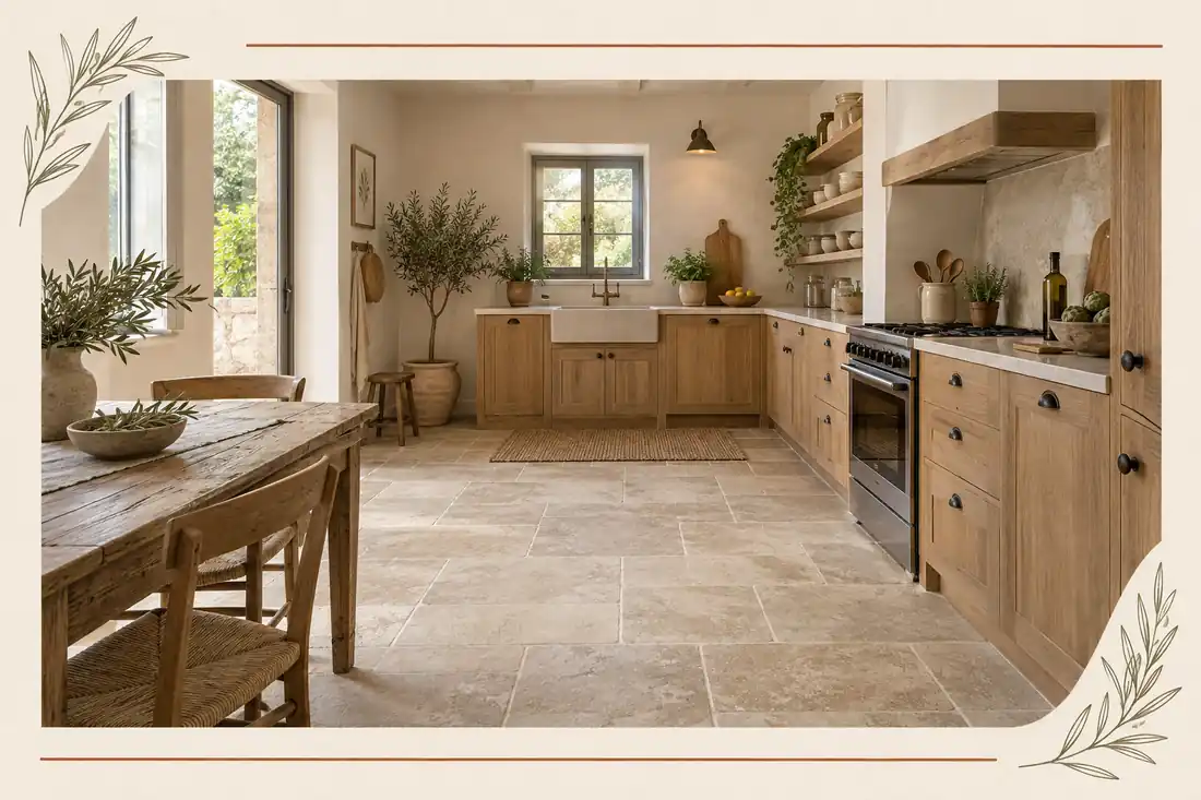 Piso claro de porcelanato tipo piedra en cocina pequeña