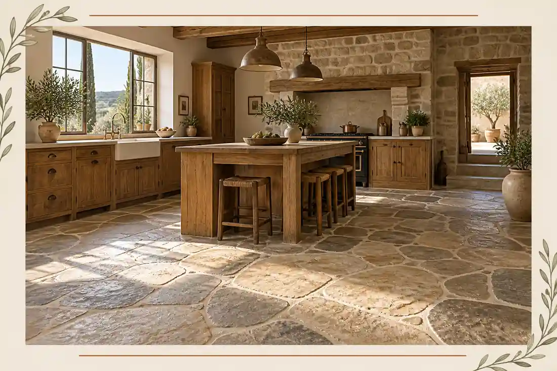 Piso de piedra natural en cocina rústica de campo