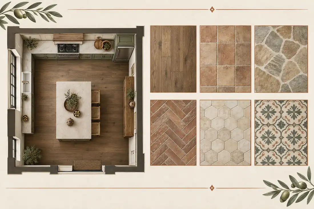 Plano de cocina rústica y patrones de colocación de pisos