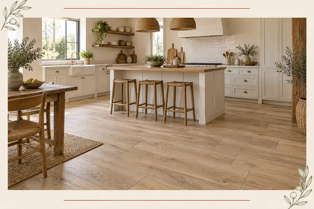 Piso de porcelanato tipo madera mate en cocina rústica