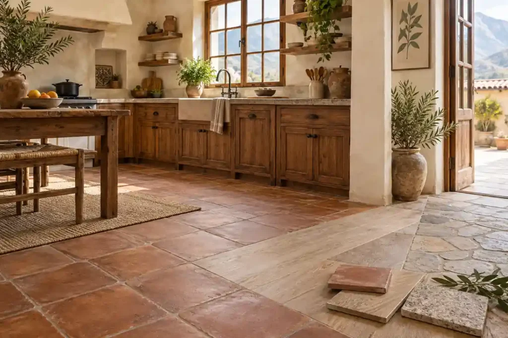 Cocina rústica cálida con piso de barro, piedra y porcelanato tipo madera