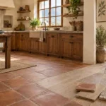 Cocina rústica cálida con piso de barro, piedra y porcelanato tipo madera