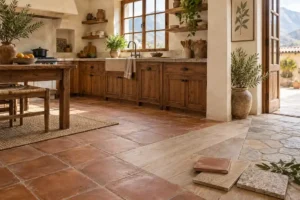 Cocina rústica cálida con piso de barro, piedra y porcelanato tipo madera