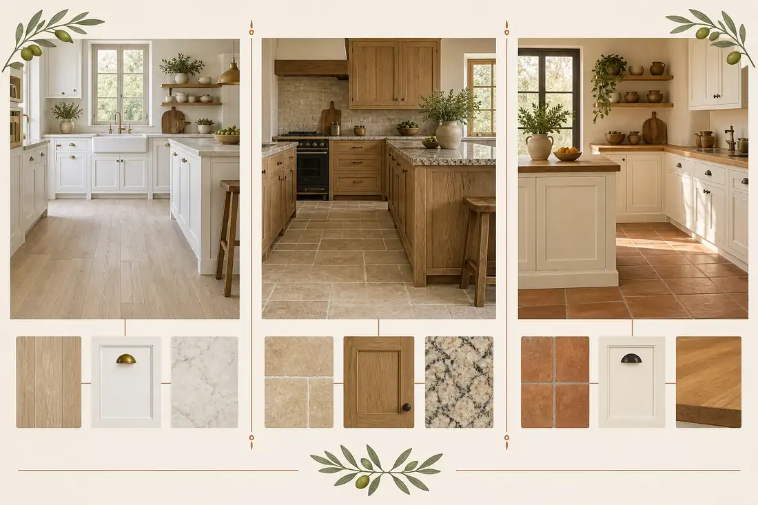 Combinaciones de piso, muebles y encimera en cocina rústica