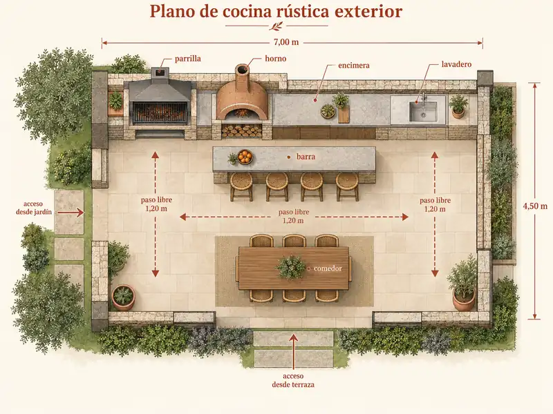 Plano de cocina rústica exterior