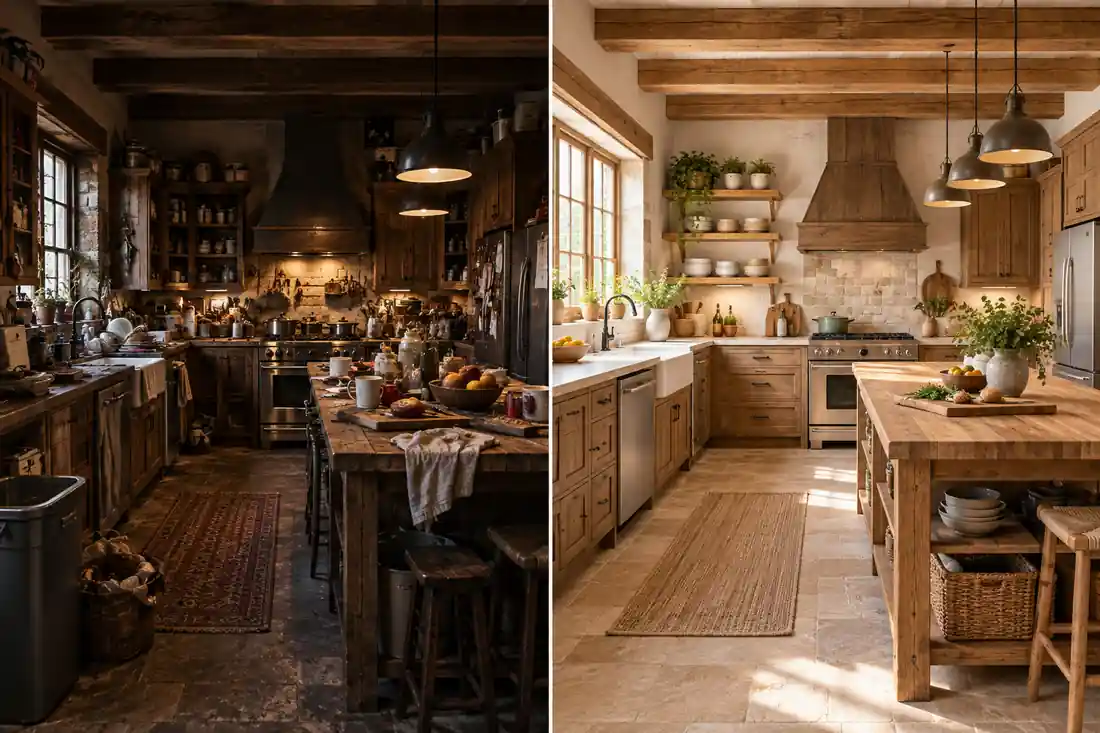 Comparación visual de errores comunes y soluciones en cocinas rústicas