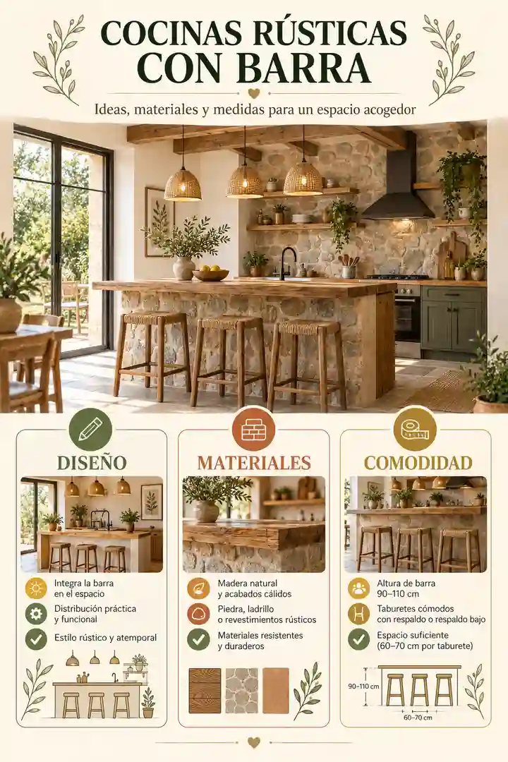 Cocinas rústicas con barra: ideas de diseño, materiales y distribución