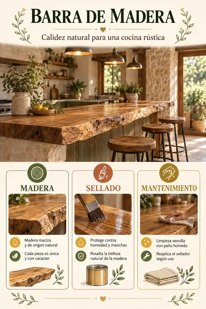 Cocina rústica con barra de madera natural