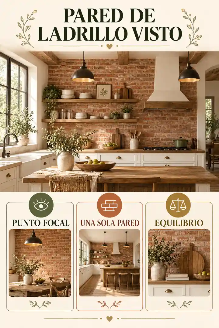 Cocina rústica con pared de ladrillo visto