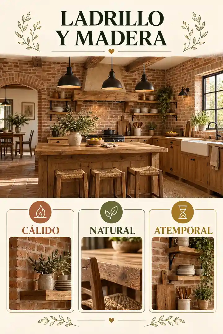 Cocina rústica con ladrillo y madera natural