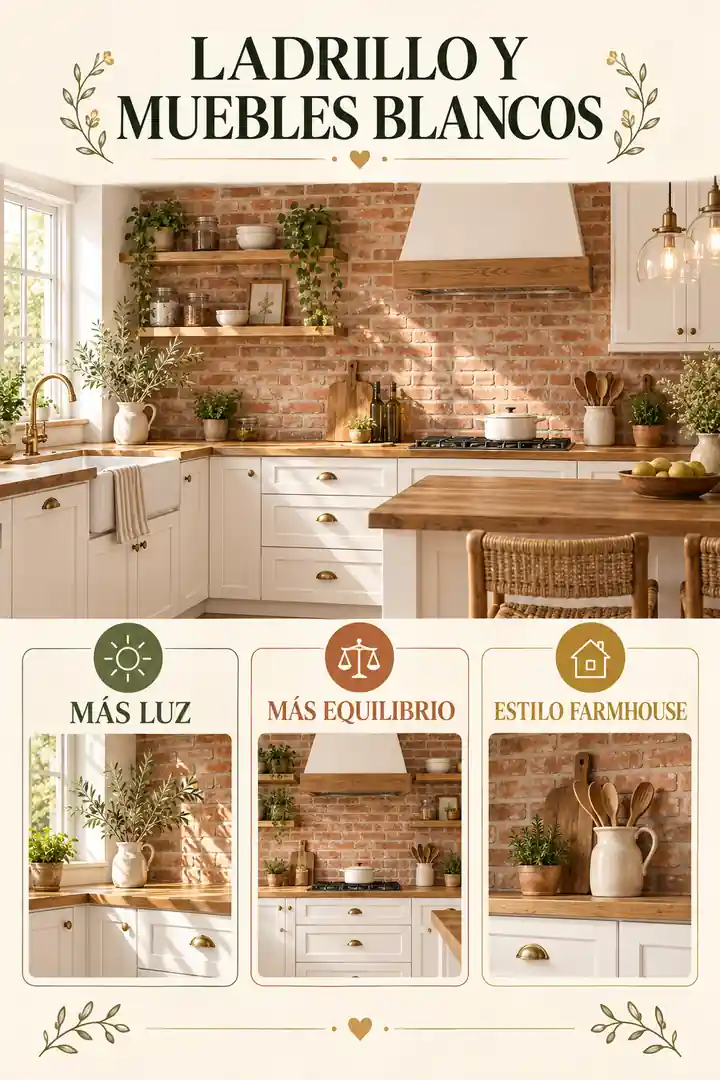 Cocina con ladrillo visto y muebles blancos